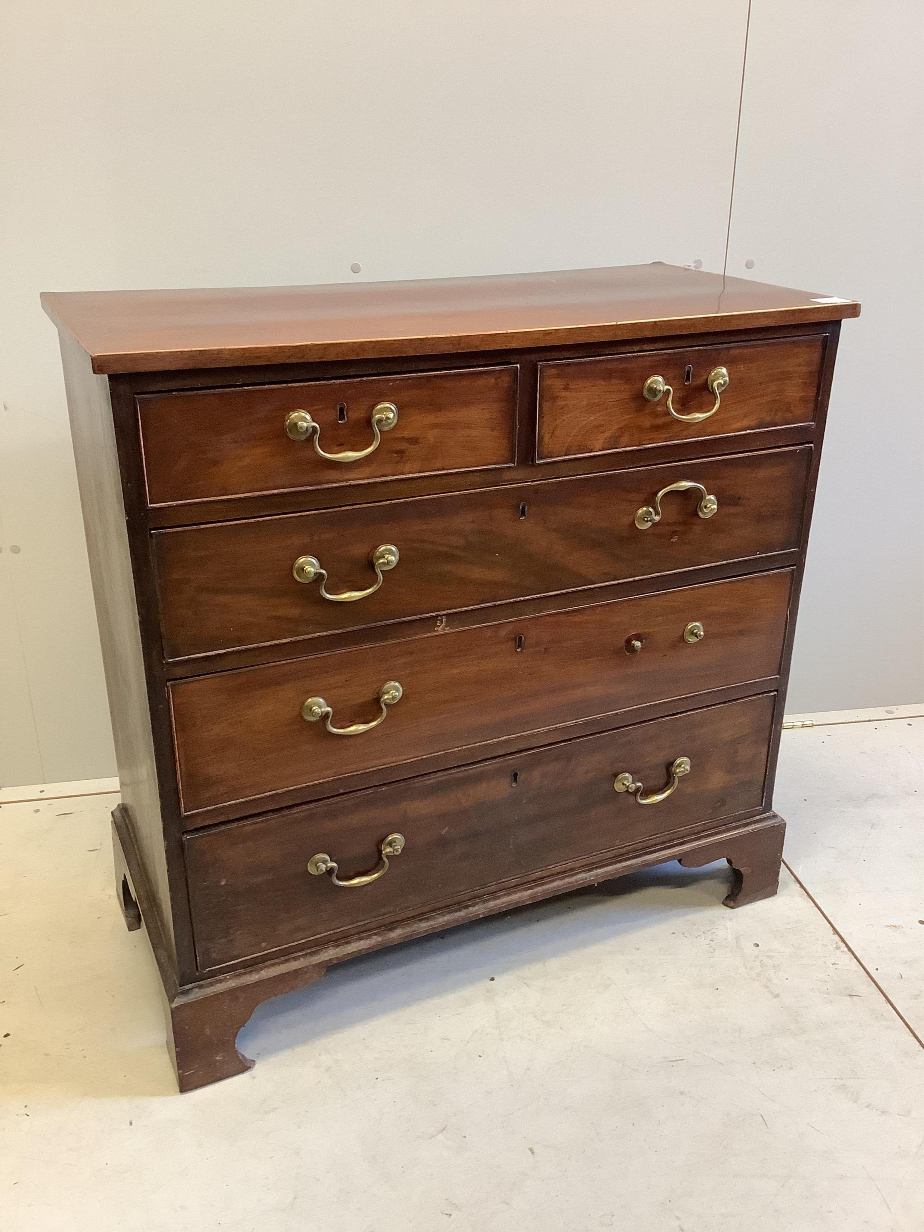 A George III mahogany chest, fitted two short and three long drawers, width 91cm, depth 44cm, height 91cm. Condition - fair